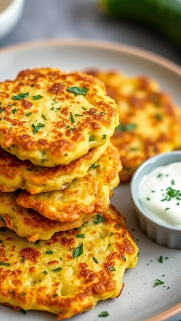 A plate of golden-brown zucchini fritters stacked with a small bowl of yogurt dip on the side.