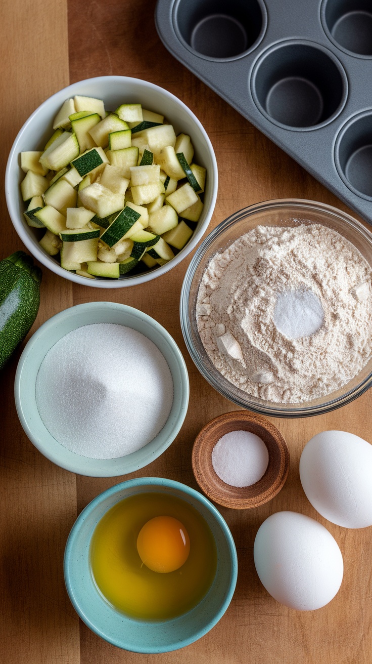 Ingredients for zucchini muffins including flour, zucchini, eggs, sugar, and spices.