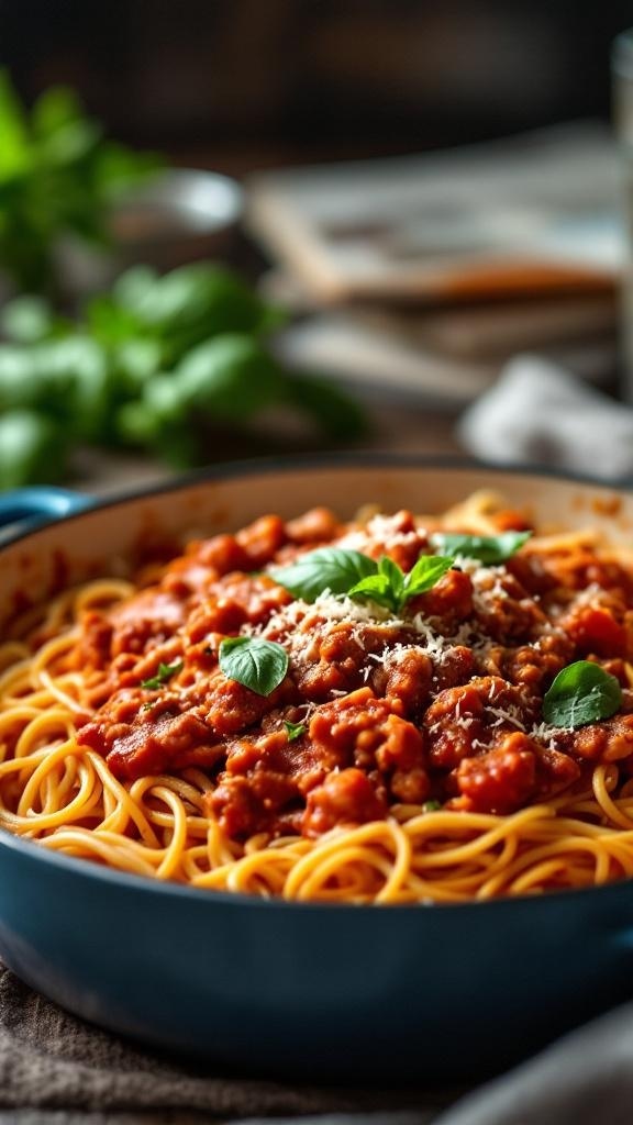 A bowl of one-pot spaghetti with meat sauce, garnished with basil and Parmesan cheese.