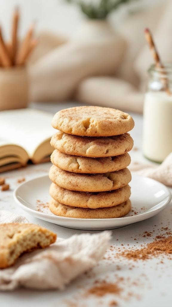 A stack of freshly baked snickerdoodle cookies on a plate, with a glass of milk in the background.