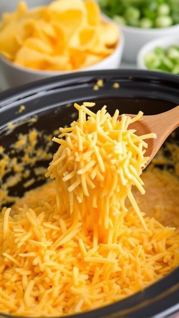 A wooden spoon pouring shredded cheddar cheese into a creamy buffalo chicken dip in a crockpot.