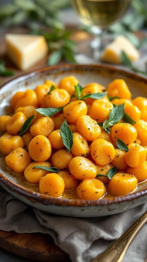 A plate of sweet potato gnocchi garnished with sage leaves and served with butter.