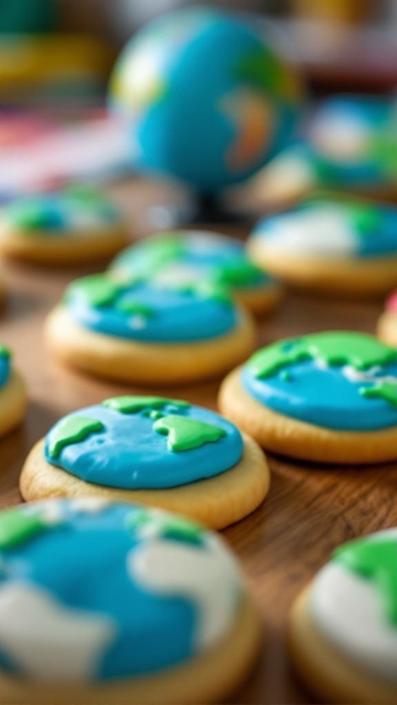 Colorful globe-shaped cookies on a wooden table