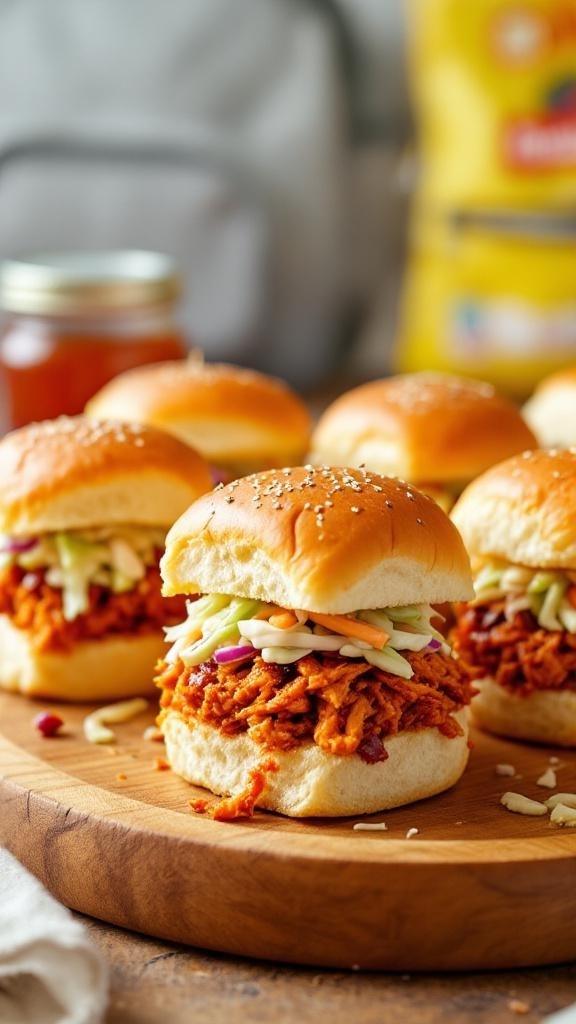 Crockpot BBQ chicken sliders on a wooden platter