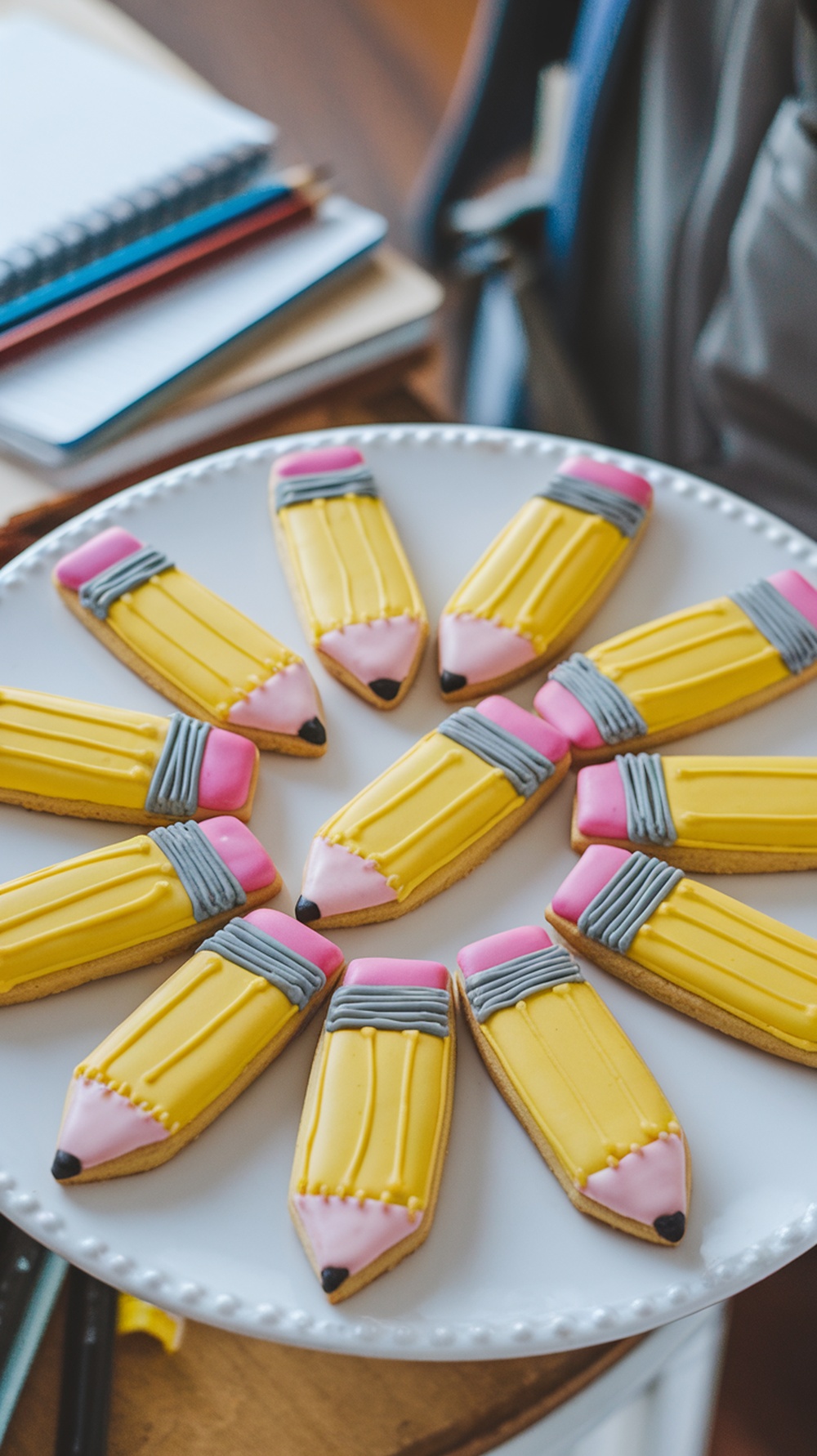 A plate of pencil-shaped sugar cookies decorated with yellow, pink, and gray icing.