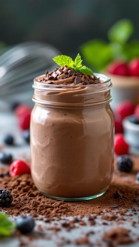 A jar of chocolate cottage cheese mousse topped with chocolate shavings and a mint leaf.