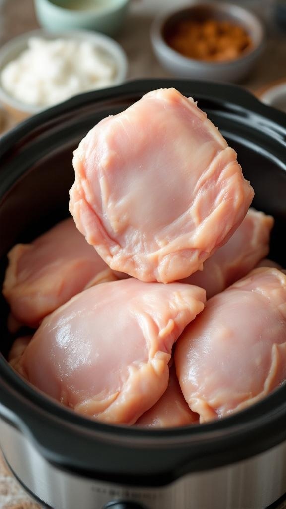 A hand placing chicken thighs into a crockpot for teriyaki chicken.