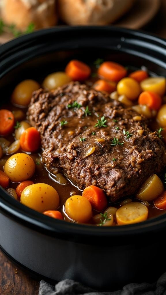 A delicious slow cooker pot roast with vegetables, featuring tender meat and colorful carrots and potatoes.
