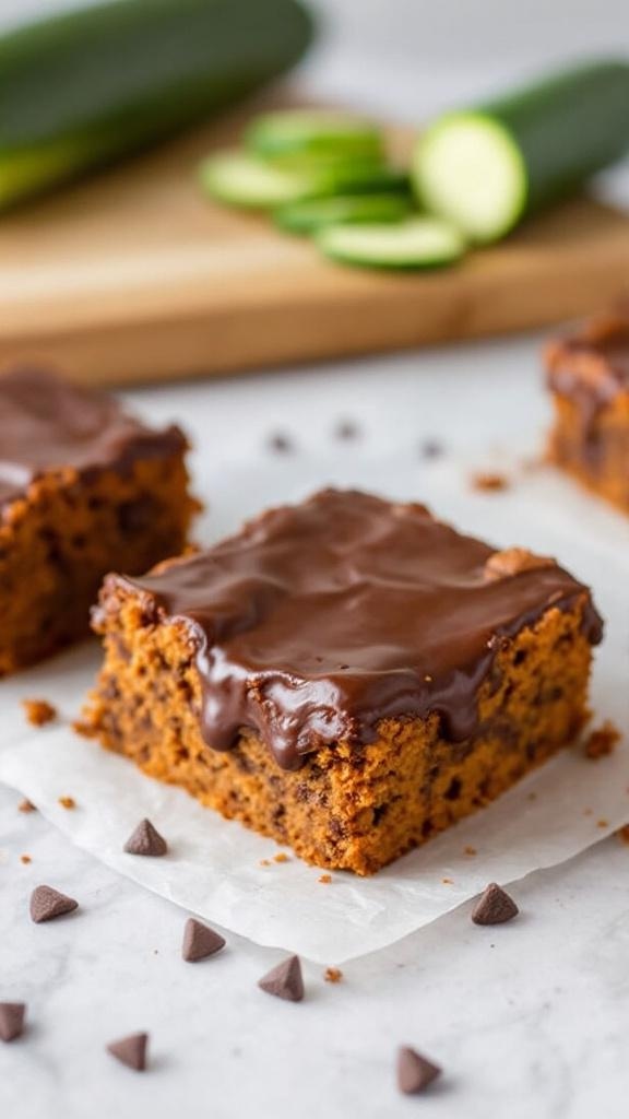 Delicious sweet potato zucchini brownies topped with chocolate icing