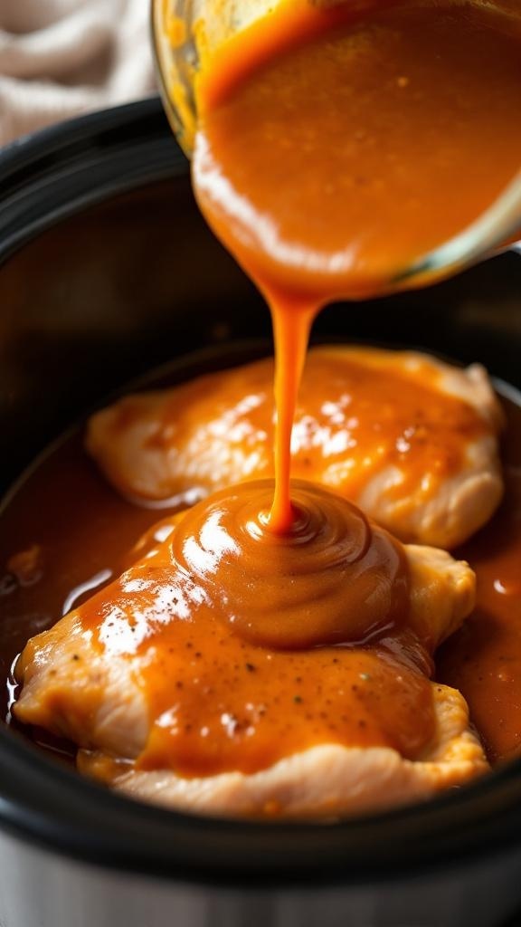 Pouring teriyaki sauce over chicken in a crockpot
