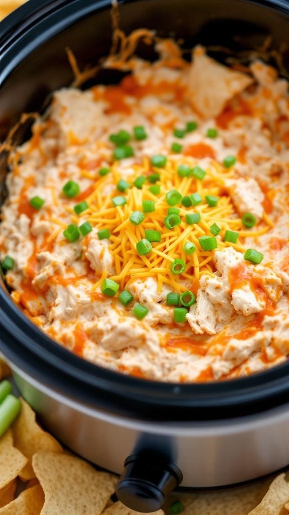 A delicious crockpot buffalo chicken dip topped with green onions and cheddar cheese.
