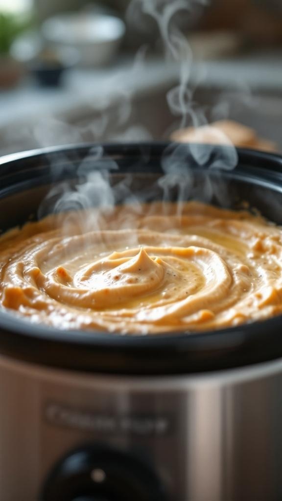Crockpot Buffalo Chicken Dip cooking with steam rising