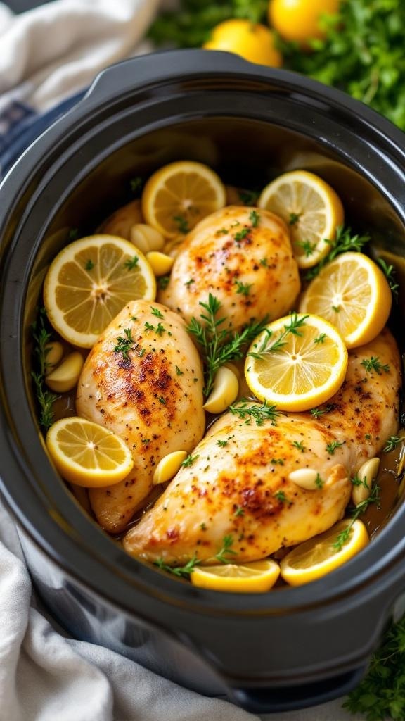 Slow cooker with lemon garlic chicken breasts and lemon slices