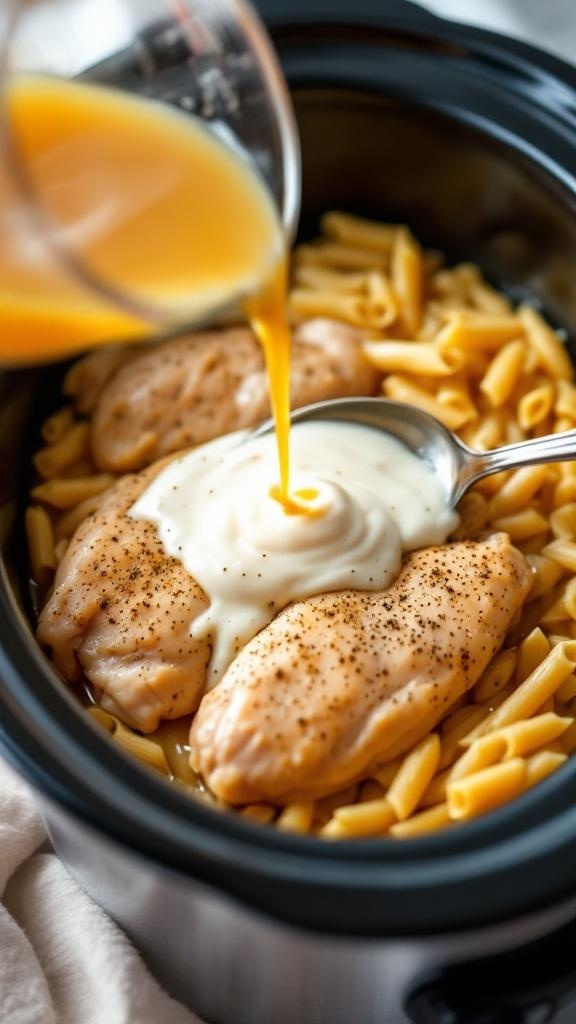 Crockpot Chicken Alfredo Pasta with broth, cream, and garlic being added.