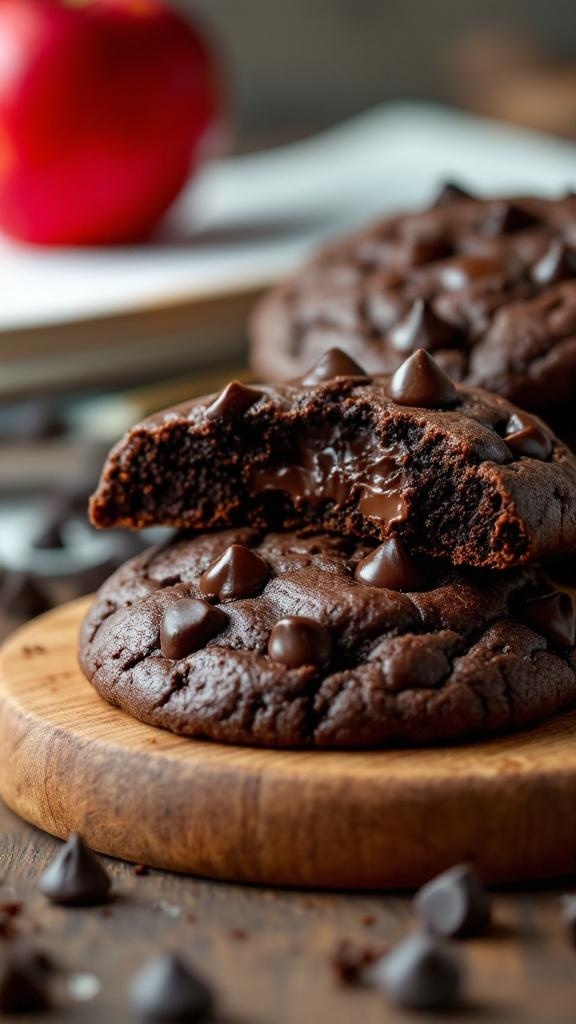 Delicious double chocolate chip cookies on a wooden board