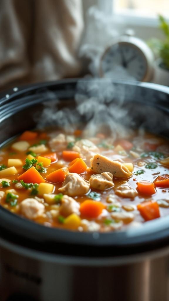 A steaming pot of chicken tortilla soup in a crockpot, filled with colorful ingredients.