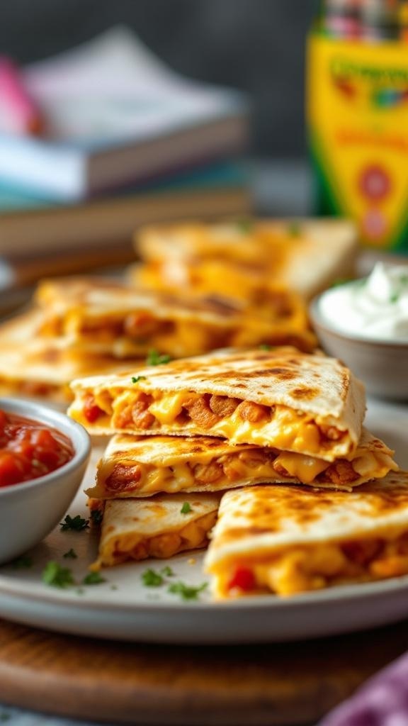 Delicious chicken quesadillas served with salsa and sour cream.
