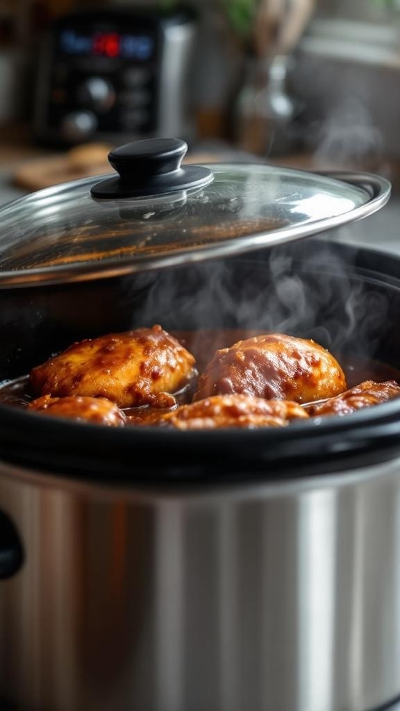 Slow cooker with BBQ pulled chicken cooking inside, steam rising from the pot.