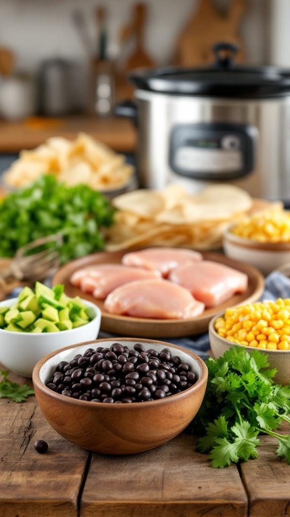 Ingredients for crockpot chicken tortilla soup including chicken, black beans, corn, zucchini, cilantro, and tortilla chips.