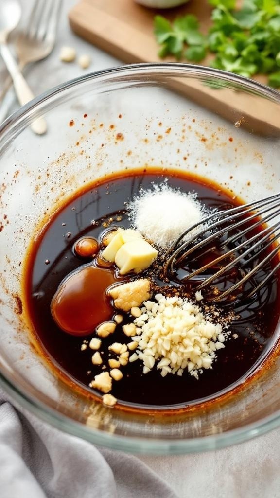 A bowl of teriyaki sauce with garlic, ginger, and other ingredients being whisked together.
