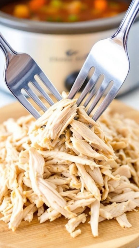 Shredded chicken being pulled apart with two forks, with a crockpot in the background.