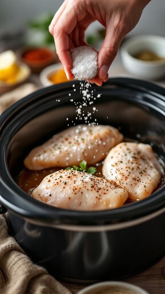 A hand sprinkling salt over chicken breasts in a crockpot