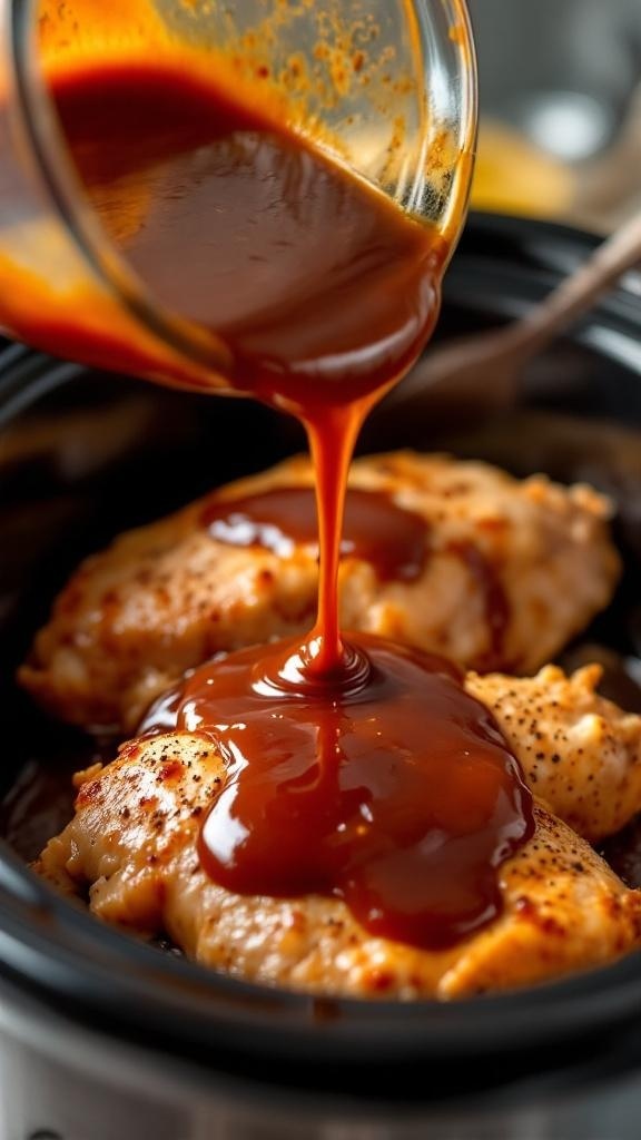 Pouring BBQ sauce over chicken in a slow cooker