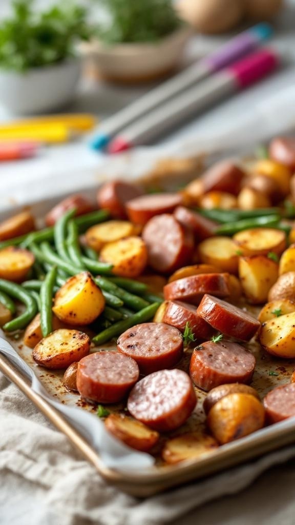 A delicious one-pan meal featuring sausage, potatoes, and green beans, perfect for back-to-school dinners.