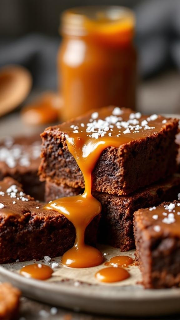 Delicious sweet potato brownies drizzled with caramel sauce and sprinkled with sea salt.