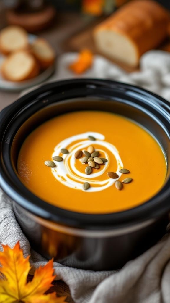 A bowl of creamy butternut squash soup topped with pumpkin seeds, surrounded by fall decor.