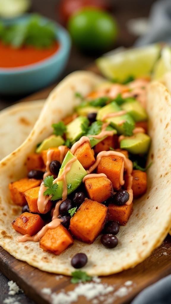 Sweet potato and black bean tacos topped with avocado and sauce