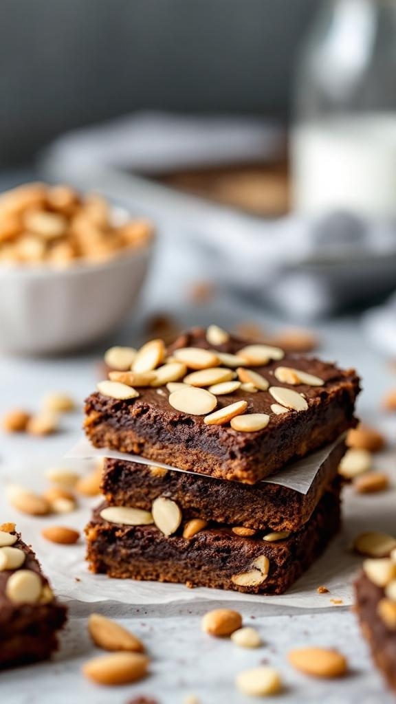 Delicious sweet potato almond butter brownies topped with almond slices.