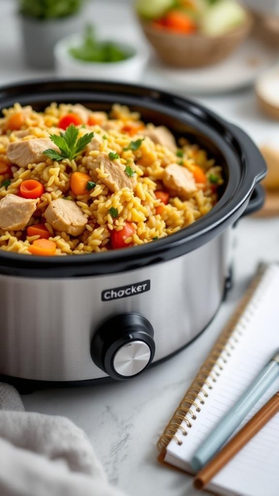 A slow cooker filled with chicken and rice, garnished with parsley.