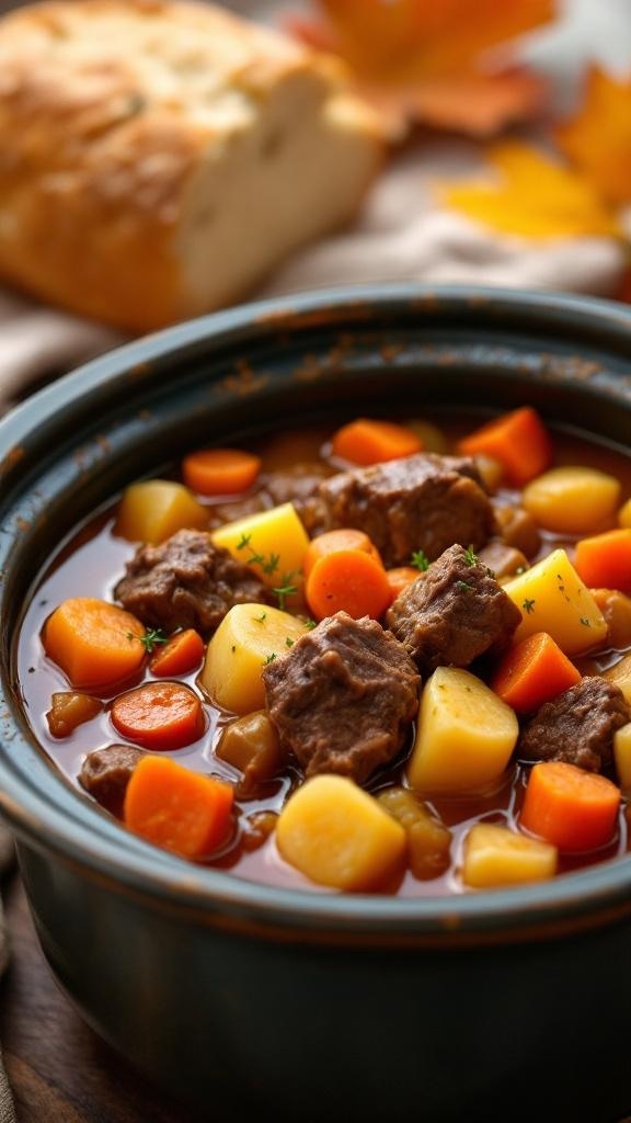 A bowl of beef stew with root vegetables, surrounded by autumn leaves and bread.