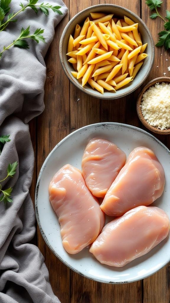 Ingredients for Crockpot Chicken Alfredo Pasta including chicken breasts, pasta, chicken broth, and milk.