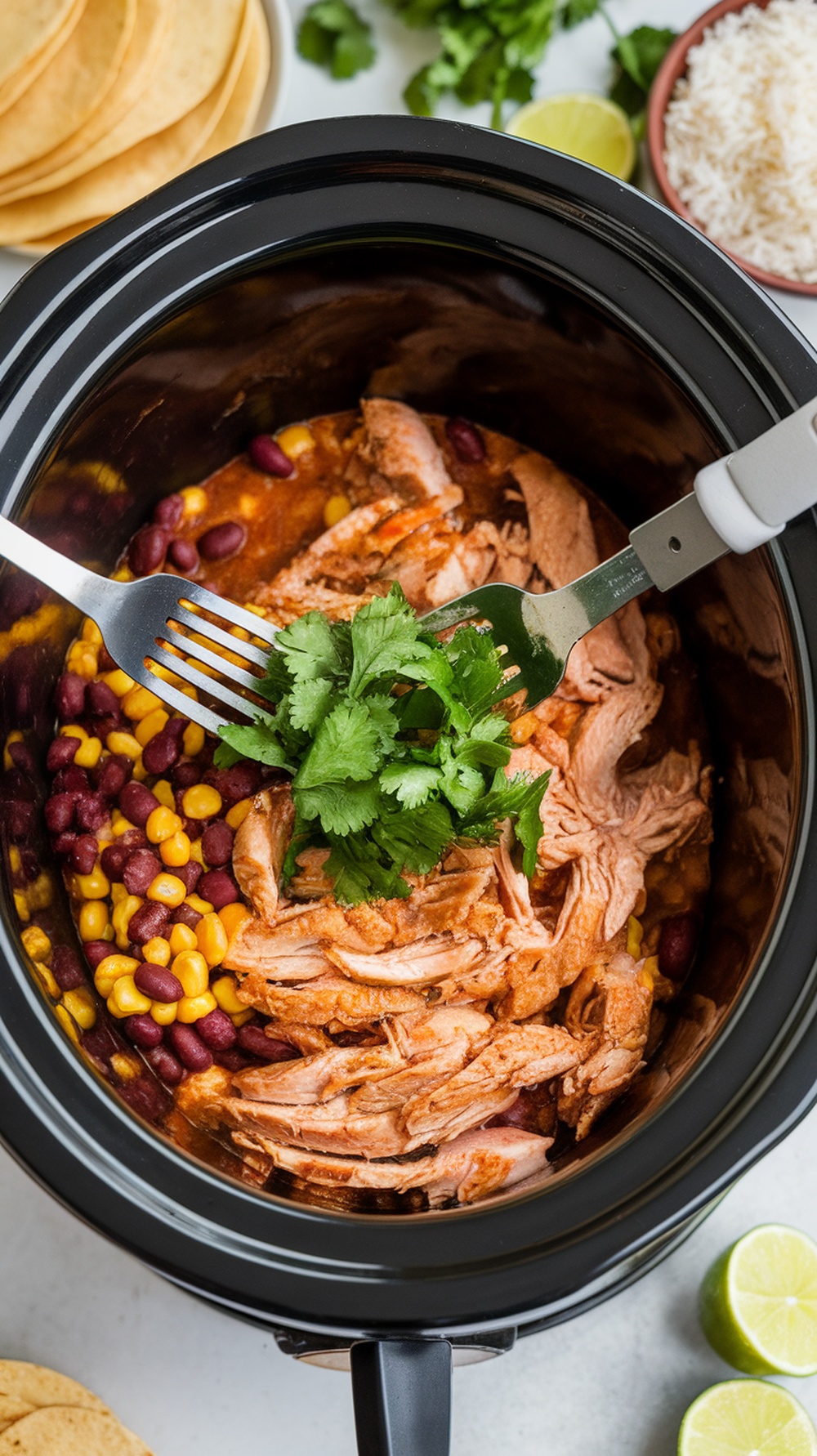 Shredded chicken in a slow cooker with salsa verde, garnished with cilantro.