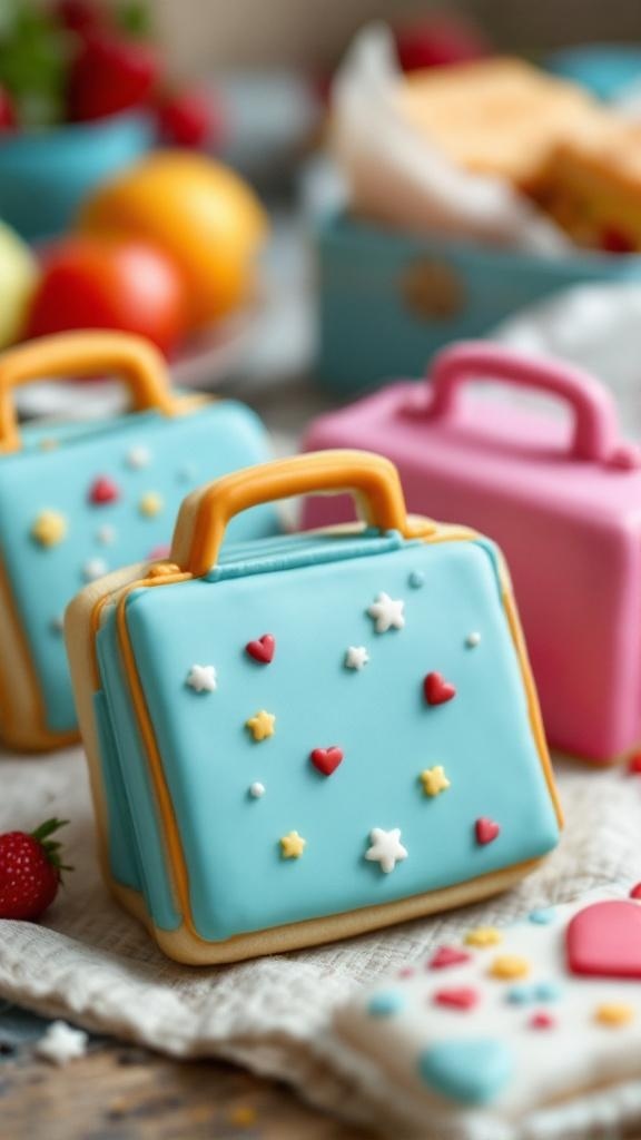 Colorful lunchbox-shaped cookies decorated with icing and sprinkles