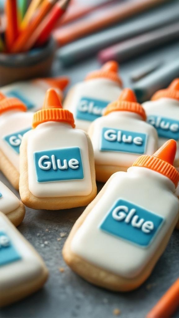 Decorative cookies shaped like glue bottles, with colorful icing and a backdrop of art supplies.
