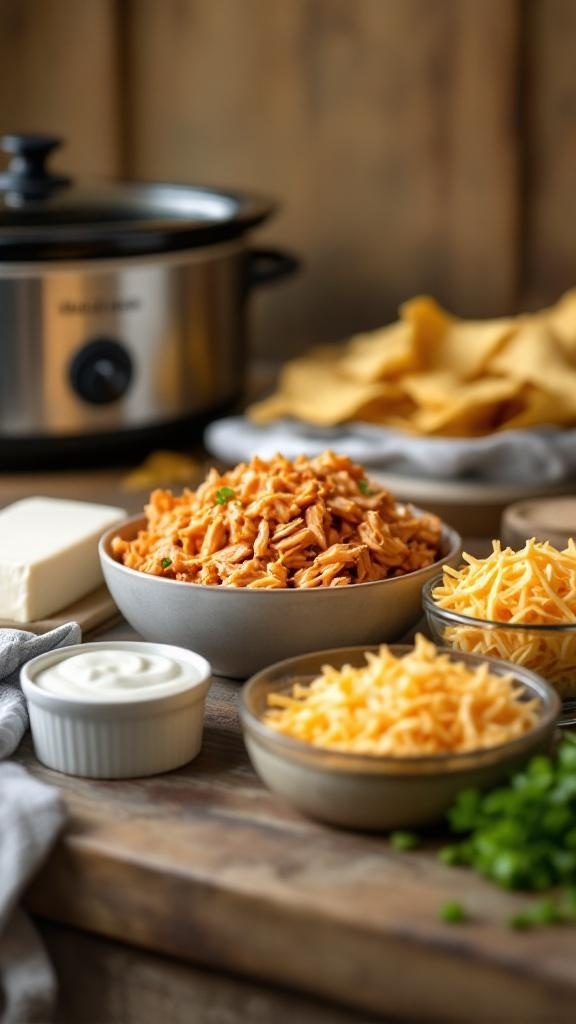 Ingredients for Crockpot Buffalo Chicken Dip including shredded chicken, cream cheese, cheddar cheese, ranch dressing, buffalo sauce, and green onions.