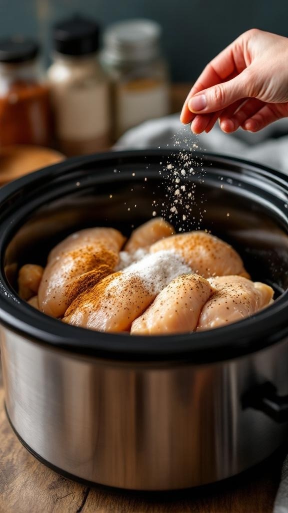 A hand sprinkling seasoning over chicken breasts in a slow cooker.