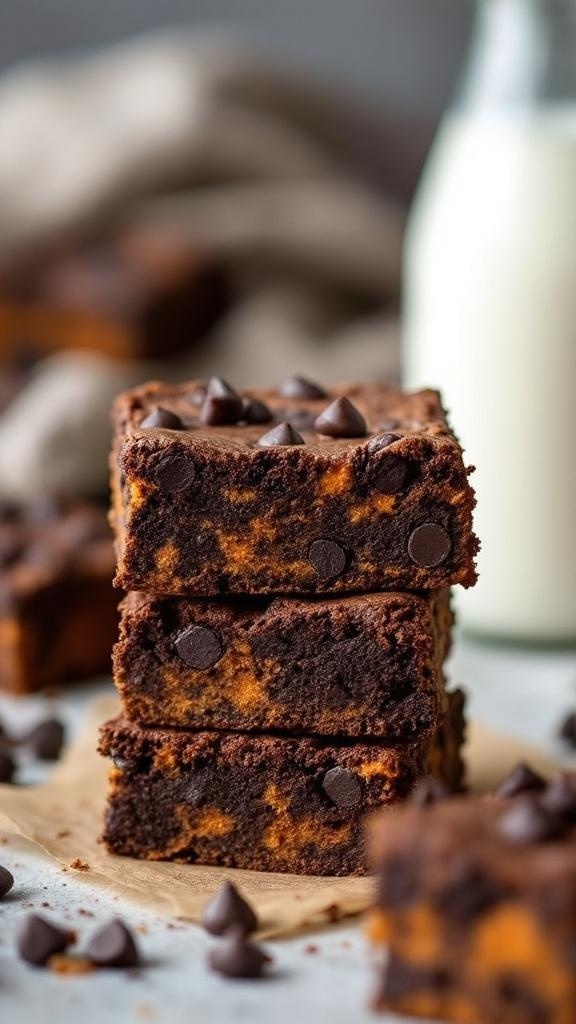 Delicious vegan sweet potato brownies stacked with chocolate chips