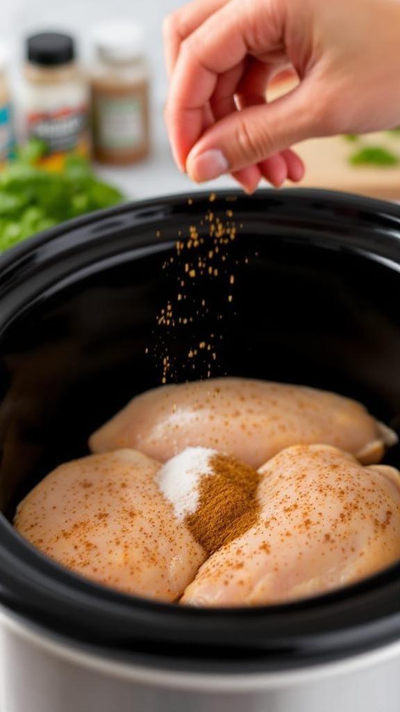 Hands seasoning chicken breasts in a crockpot with spices and herbs.
