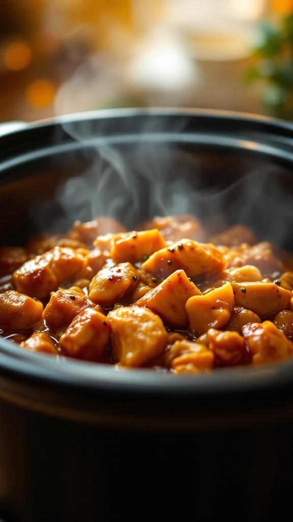 Crockpot Teriyaki Chicken with steam rising from the pot