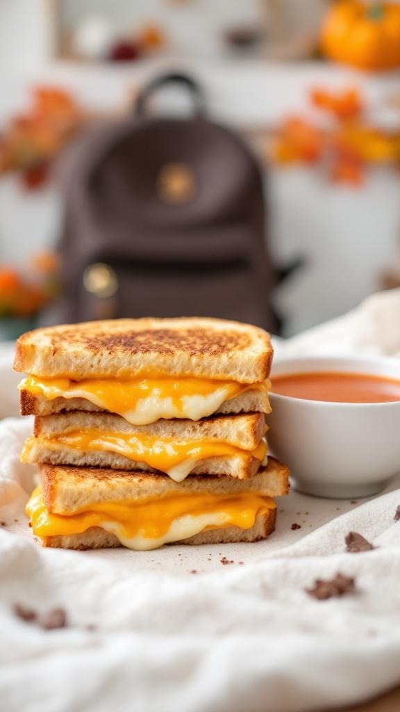 A delicious grilled cheese sandwich stacked with melted cheese and a bowl of tomato soup.