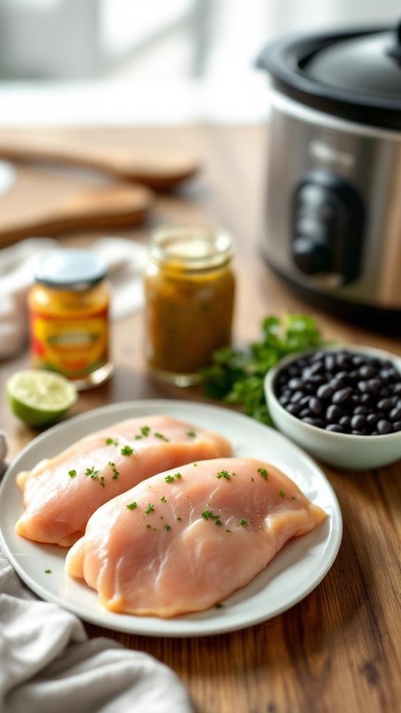 Ingredients for Slow Cooker Salsa Verde Chicken including chicken breasts, salsa verde, black beans, and cilantro.