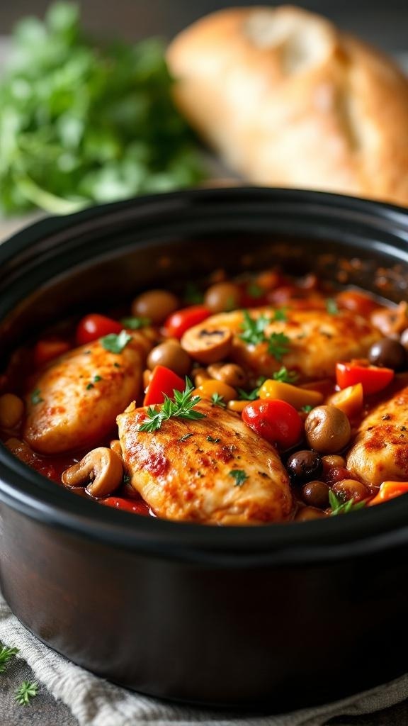 A slow cooker filled with chicken cacciatore, featuring chicken breasts, colorful bell peppers, mushrooms, and herbs.