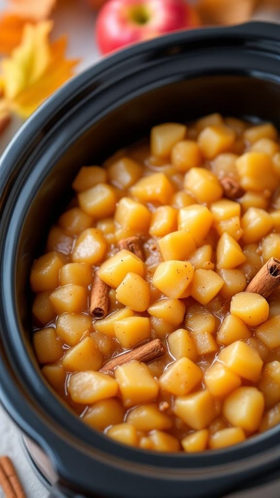 Crockpot filled with cinnamon applesauce and cinnamon sticks