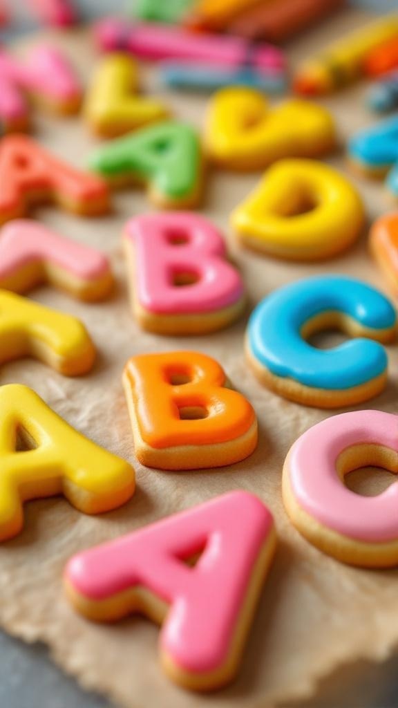 Colorful letter-shaped cookies on a baking sheet