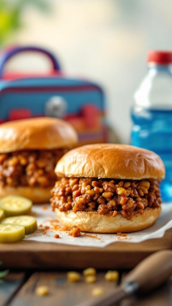 Sloppy Joe sandwiches with pickles and a water bottle in the background