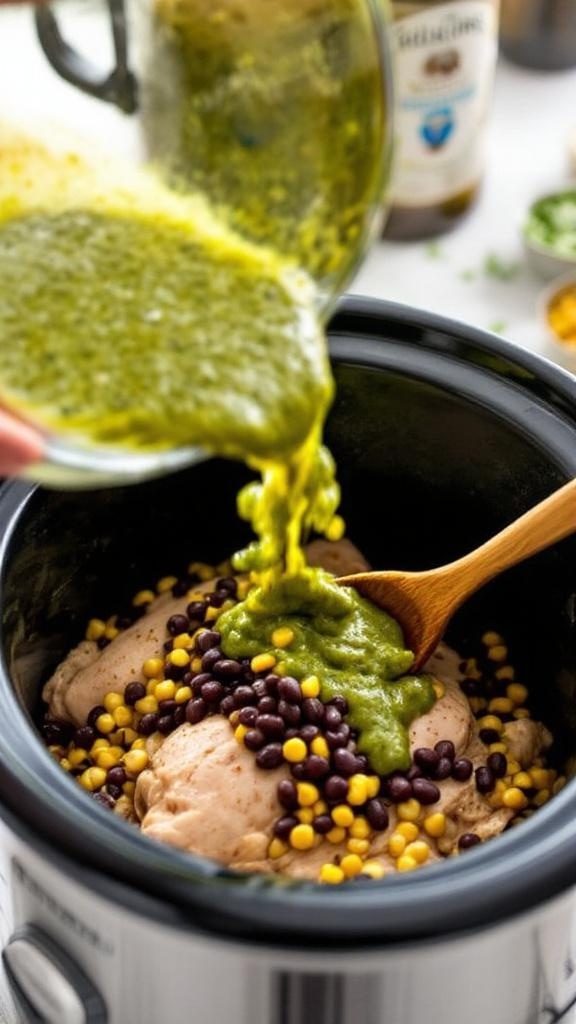 Slow cooker with chicken, black beans, corn, and salsa verde being poured in.